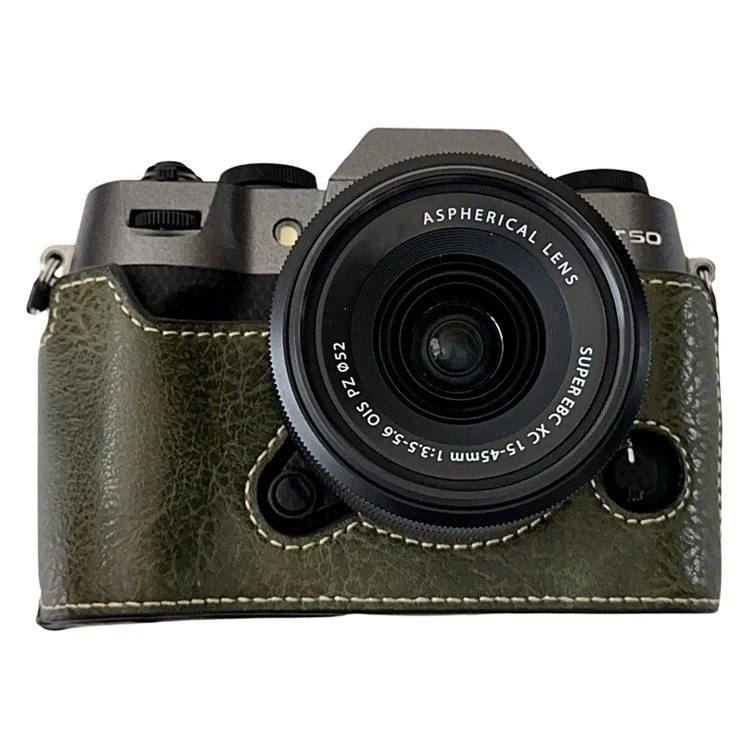 Custodia in pelle PU con texture Buffalo per Fujifilm X-T50, metà corpo con apertura per la batteria - Verde