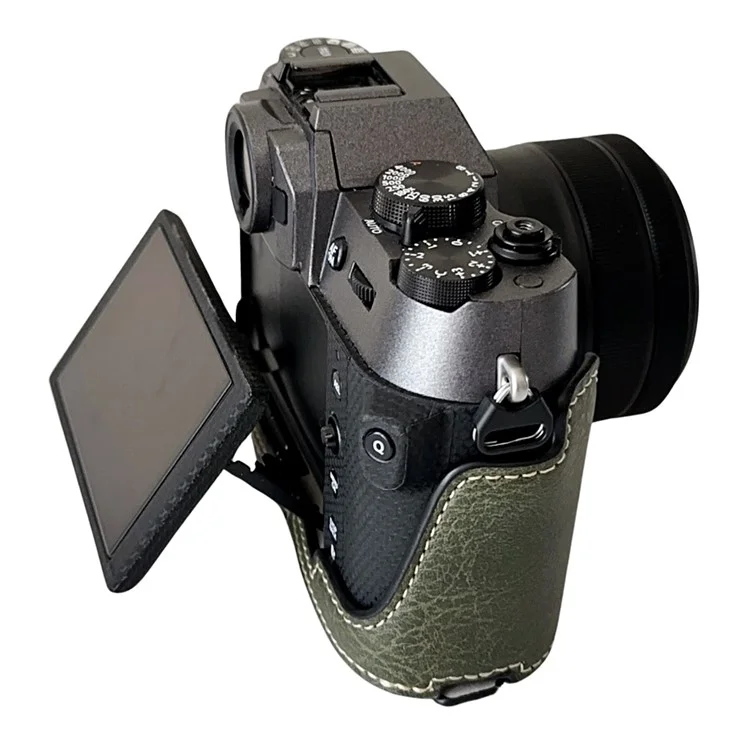Custodia in pelle PU con texture Buffalo per Fujifilm X-T50, metà corpo con apertura per la batteria - Verde
