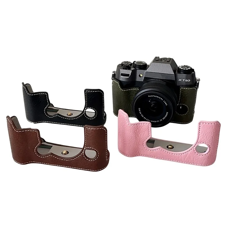 Custodia in pelle PU con texture Buffalo per Fujifilm X-T50, metà corpo con apertura per la batteria - Verde