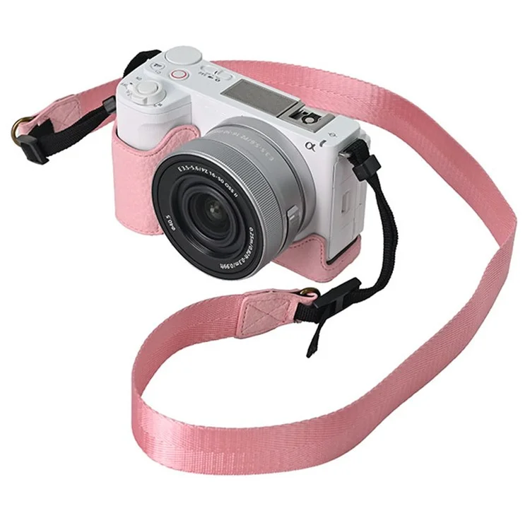 Custodia per fotocamera Sony Alpha ZV-E10 II, in pelle con texture a litchi, con foro per batteria + cinghia - Rosa