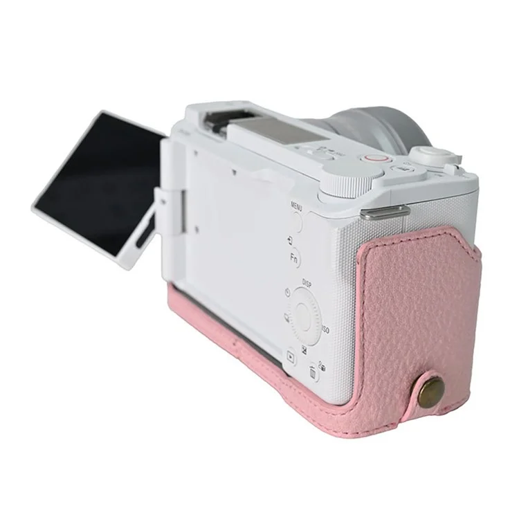 Custodia per fotocamera Sony Alpha ZV-E10 II, in pelle con texture a litchi, con foro per batteria + cinghia - Rosa