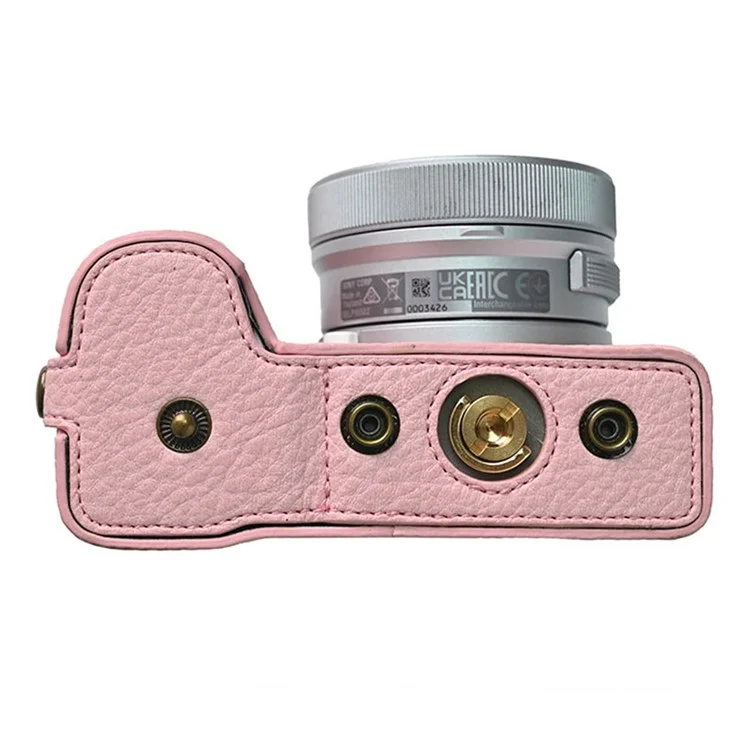 Custodia per fotocamera Sony Alpha ZV-E10 II, in pelle con texture a litchi, con foro per batteria + cinghia - Rosa