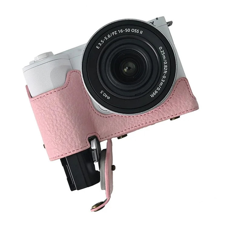 Custodia per fotocamera Sony Alpha ZV-E10 II, in pelle con texture a litchi, con foro per batteria + cinghia - Rosa