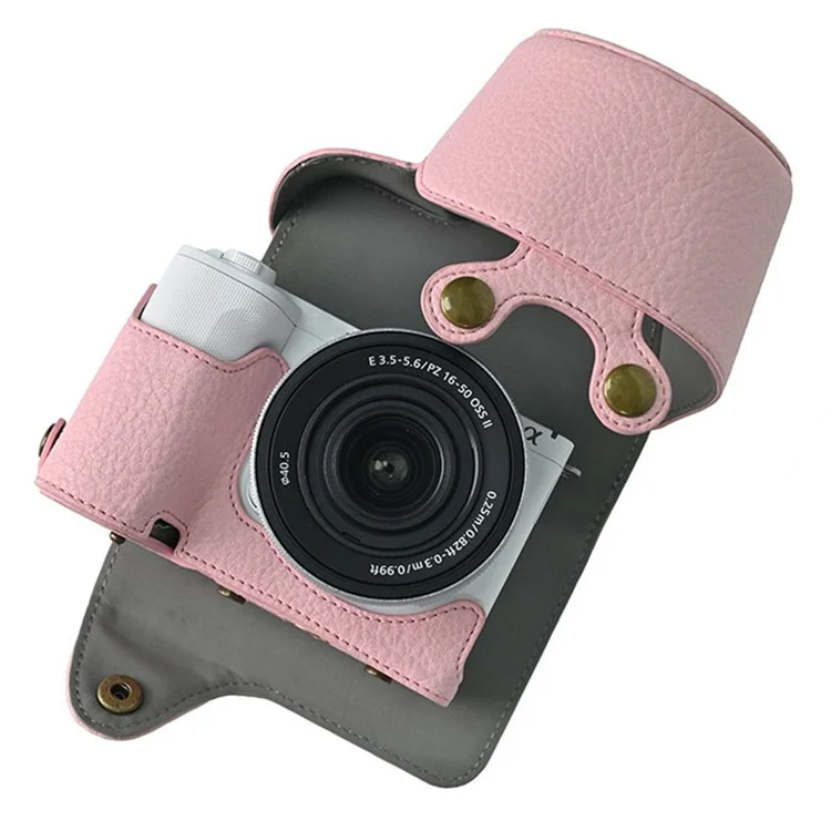 Custodia per fotocamera Sony Alpha ZV-E10 II, in pelle con texture a litchi, con foro per batteria + cinghia - Rosa