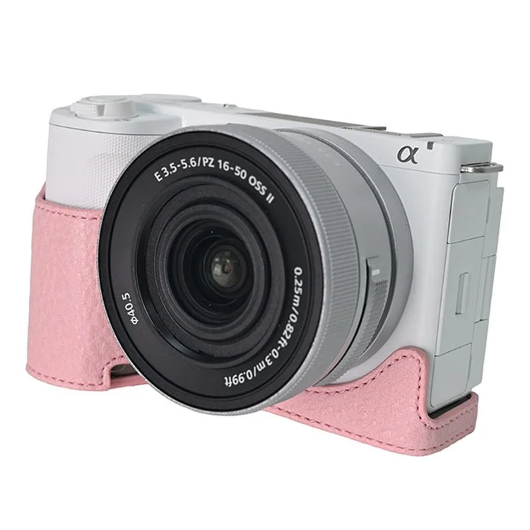 Custodia per fotocamera Sony Alpha ZV-E10 II, in pelle con texture a litchi, con foro per batteria + cinghia - Rosa