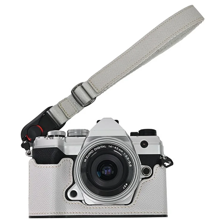 For Olympus OM-5 Leather Camera Case Battery Opening Half Body Bottom Cover with Hand Strap - Grey