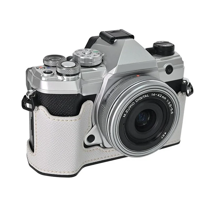 For Olympus OM-5 Leather Camera Case Battery Opening Half Body Bottom Cover with Hand Strap - Grey