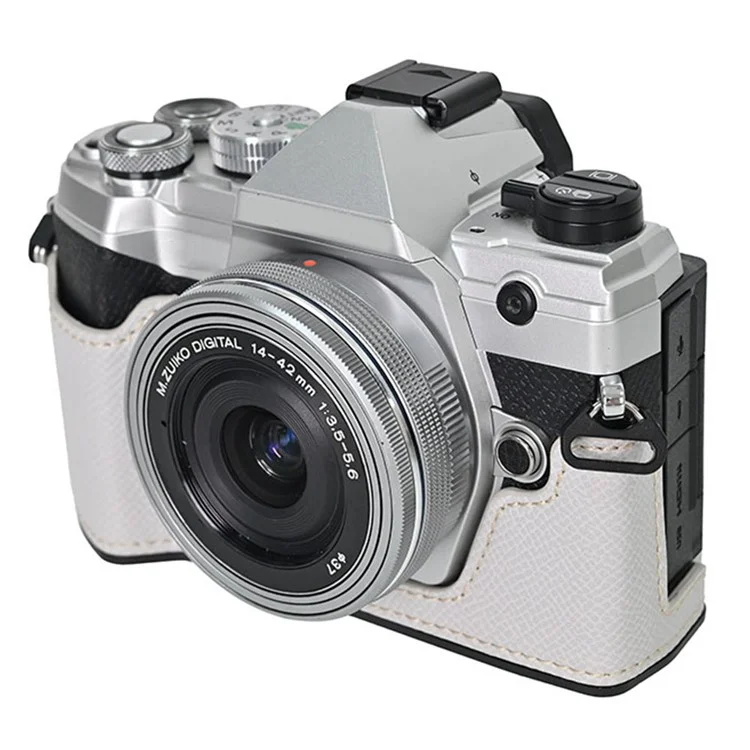 For Olympus OM-5 Leather Camera Case Battery Opening Half Body Bottom Cover with Hand Strap - Grey