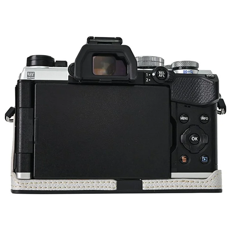 For Olympus OM-5 Leather Camera Case Battery Opening Half Body Bottom Cover with Hand Strap - Grey