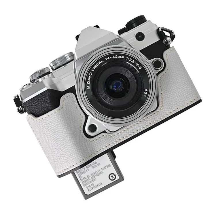 For Olympus OM-5 Leather Camera Case Battery Opening Half Body Bottom Cover with Hand Strap - Grey
