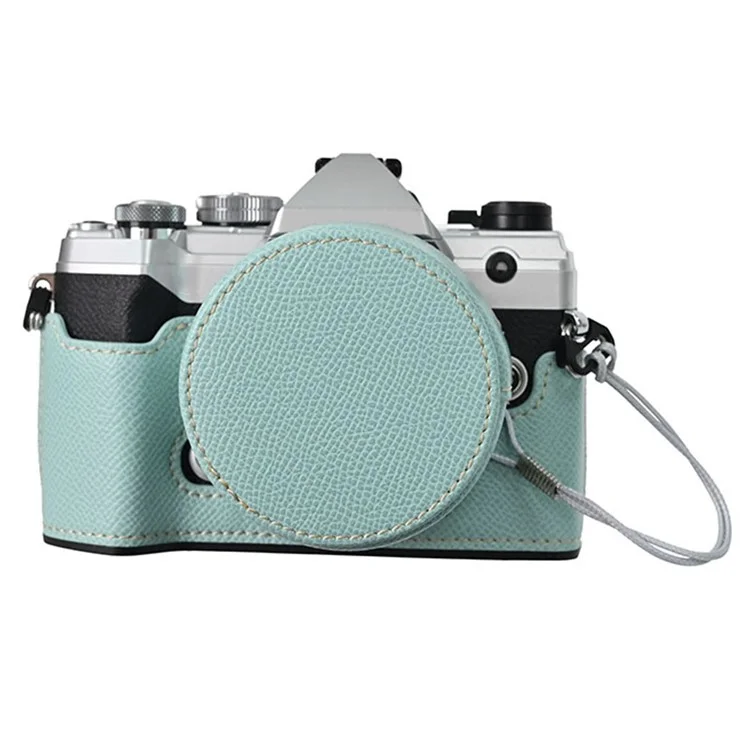 Funda para cámara Olympus OM-5 con base de cuero envuelta a medias y tapa para lente - Azul bebé
