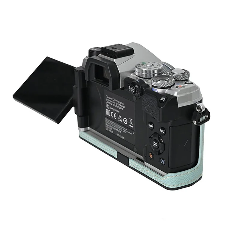 Funda para cámara Olympus OM-5 con base de cuero envuelta a medias y tapa para lente - Azul bebé