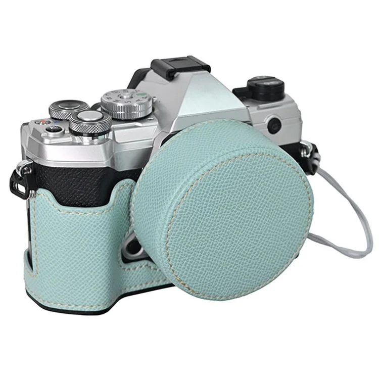 Funda para cámara Olympus OM-5 con base de cuero envuelta a medias y tapa para lente - Azul bebé