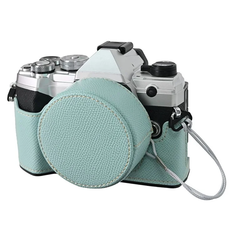 Funda para cámara Olympus OM-5 con base de cuero envuelta a medias y tapa para lente - Azul bebé