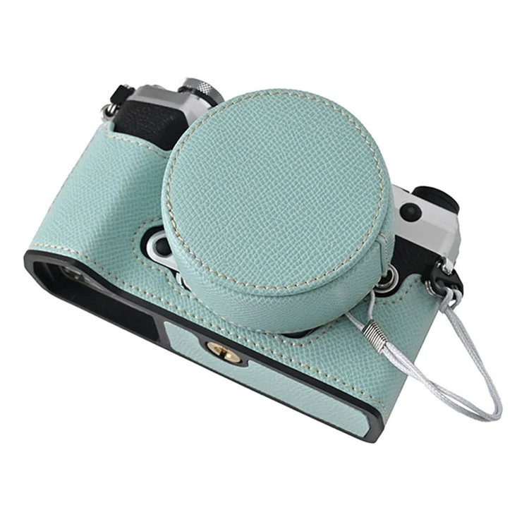 Funda para cámara Olympus OM-5 con base de cuero envuelta a medias y tapa para lente - Azul bebé