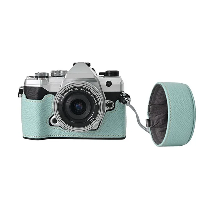 Funda para cámara Olympus OM-5 con base de cuero envuelta a medias y tapa para lente - Azul bebé