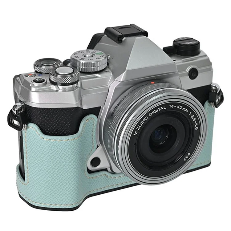 Funda para cámara Olympus OM-5 con base de cuero envuelta a medias y tapa para lente - Azul bebé