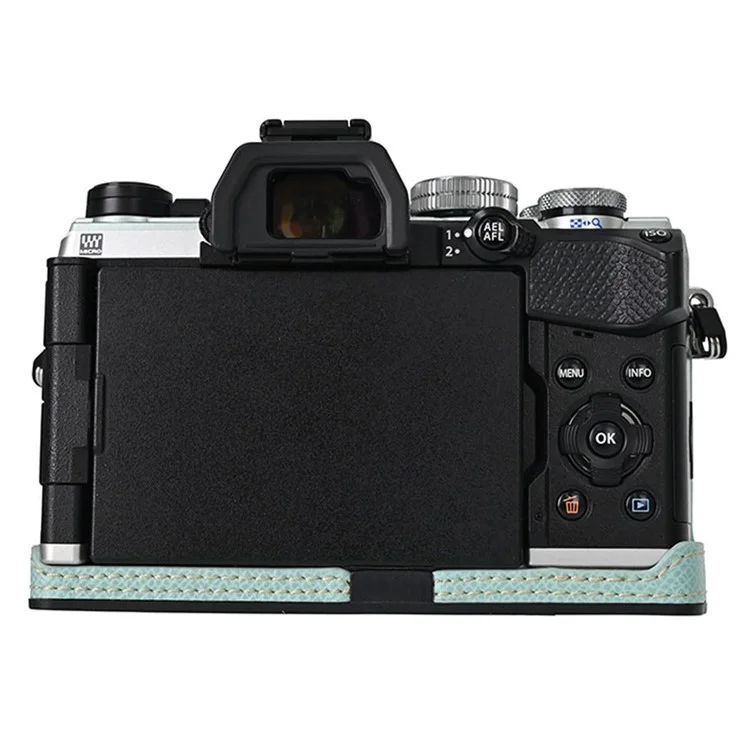 Funda para cámara Olympus OM-5 con base de cuero envuelta a medias y tapa para lente - Azul bebé