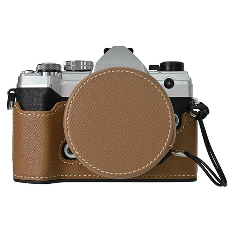 For Olympus OM-5 Camera Case Half Wrapped Leather Bottom Cover with Lens Cap - Khaki