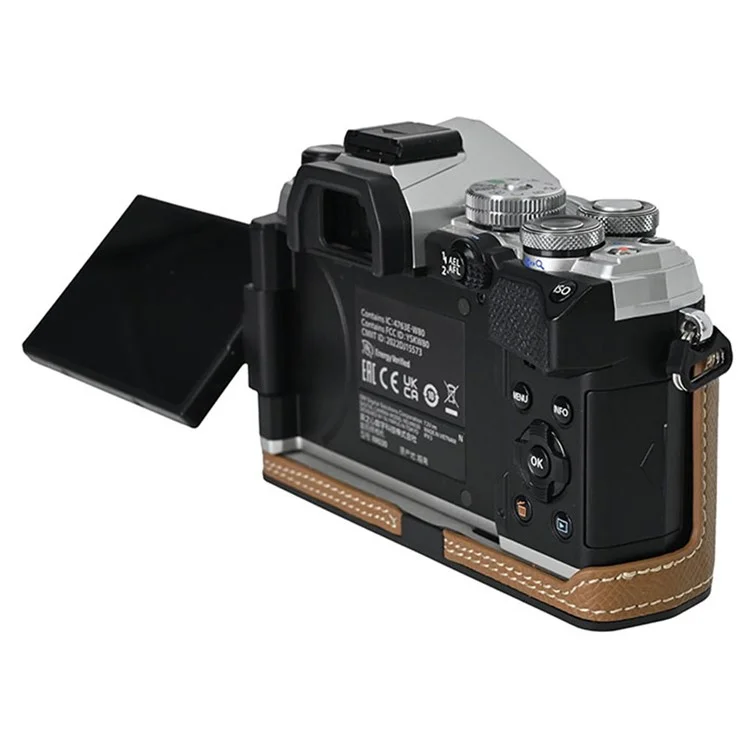 For Olympus OM-5 Camera Case Half Wrapped Leather Bottom Cover with Lens Cap - Khaki