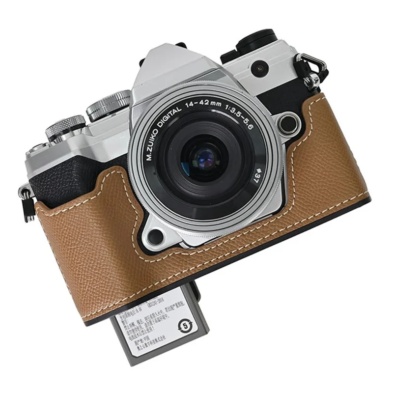 For Olympus OM-5 Camera Case Half Wrapped Leather Bottom Cover with Lens Cap - Khaki