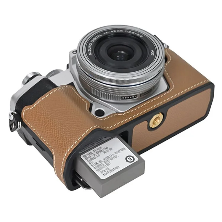 For Olympus OM-5 Camera Case Half Wrapped Leather Bottom Cover with Lens Cap - Khaki