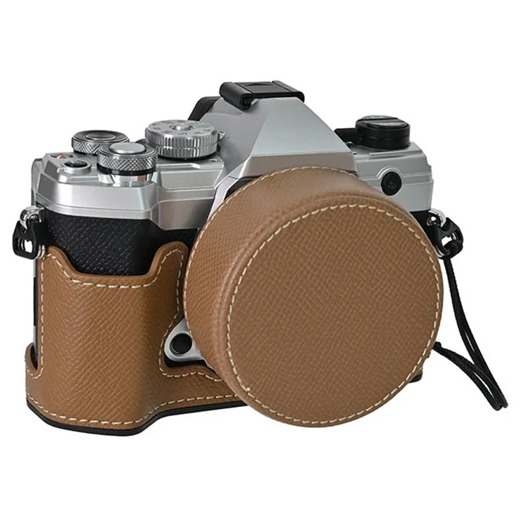 For Olympus OM-5 Camera Case Half Wrapped Leather Bottom Cover with Lens Cap - Khaki