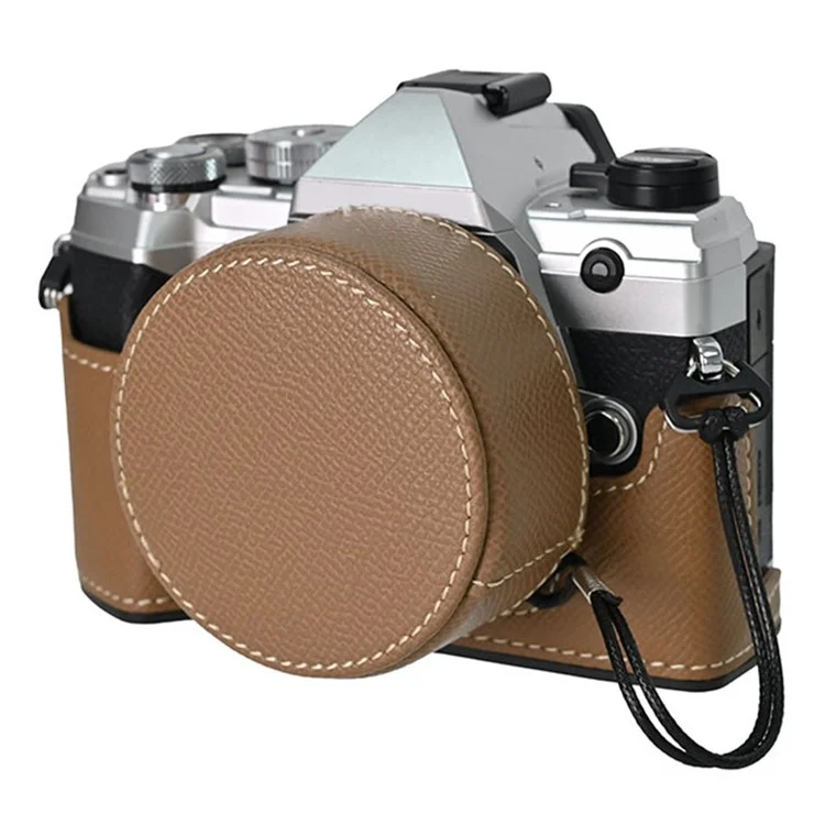 For Olympus OM-5 Camera Case Half Wrapped Leather Bottom Cover with Lens Cap - Khaki