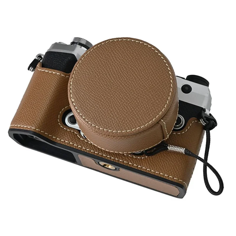 For Olympus OM-5 Camera Case Half Wrapped Leather Bottom Cover with Lens Cap - Khaki
