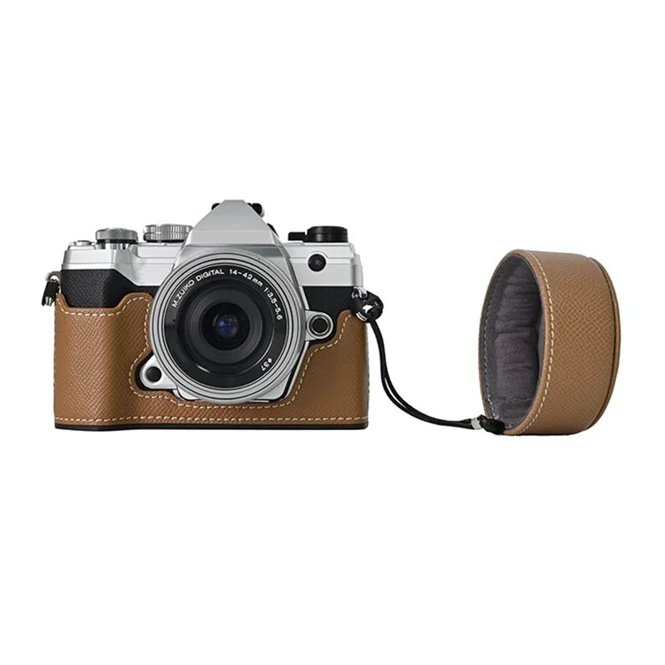 For Olympus OM-5 Camera Case Half Wrapped Leather Bottom Cover with Lens Cap - Khaki