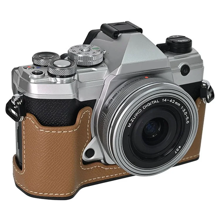 For Olympus OM-5 Camera Case Half Wrapped Leather Bottom Cover with Lens Cap - Khaki