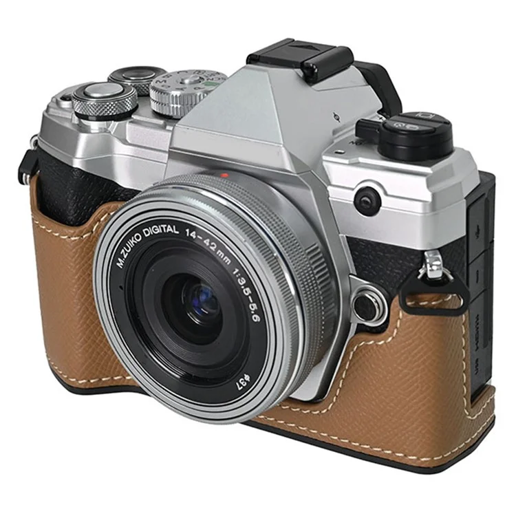 For Olympus OM-5 Camera Case Half Wrapped Leather Bottom Cover with Lens Cap - Khaki