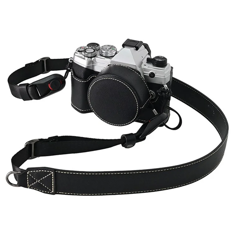 For Olympus OM-5 Leather Camera Case Half Body Cover with Lens Cap and Shoulder Strap - Black
