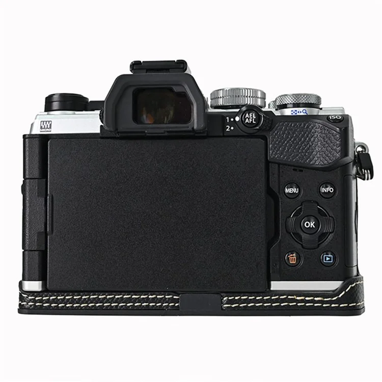 For Olympus OM-5 Leather Camera Case Half Body Cover with Lens Cap and Shoulder Strap - Black