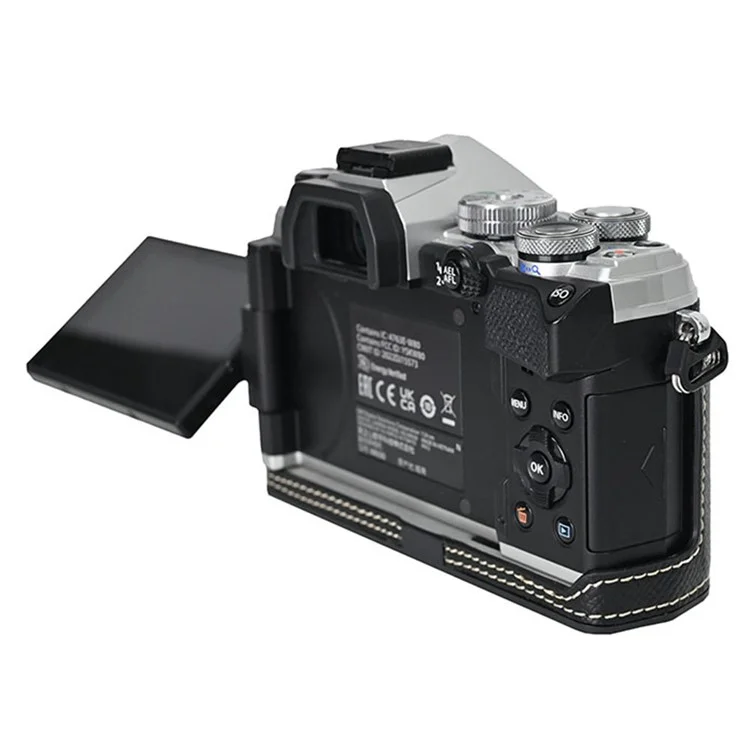 For Olympus OM-5 Leather Camera Case Half Body Cover with Lens Cap and Shoulder Strap - Black