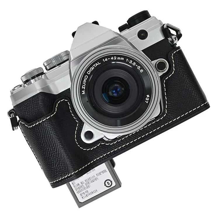 For Olympus OM-5 Leather Camera Case Half Body Cover with Lens Cap and Shoulder Strap - Black