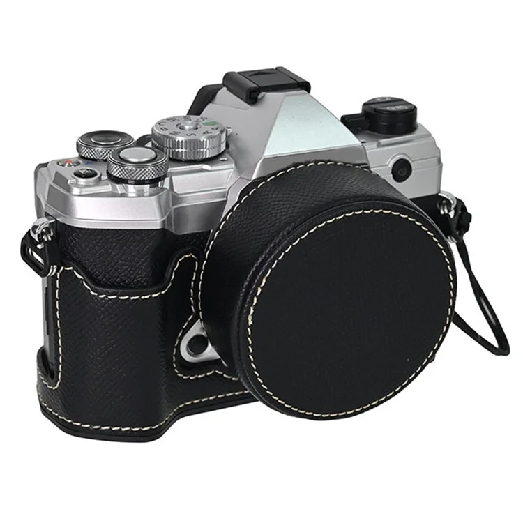For Olympus OM-5 Leather Camera Case Half Body Cover with Lens Cap and Shoulder Strap - Black