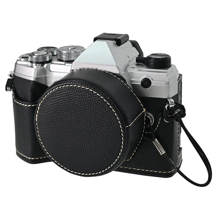 For Olympus OM-5 Leather Camera Case Half Body Cover with Lens Cap and Shoulder Strap - Black