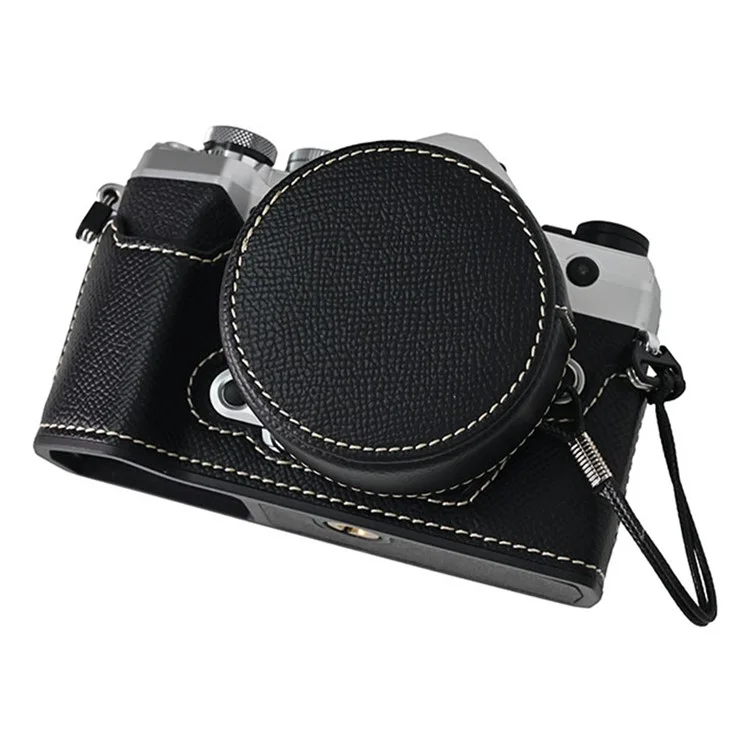For Olympus OM-5 Leather Camera Case Half Body Cover with Lens Cap and Shoulder Strap - Black