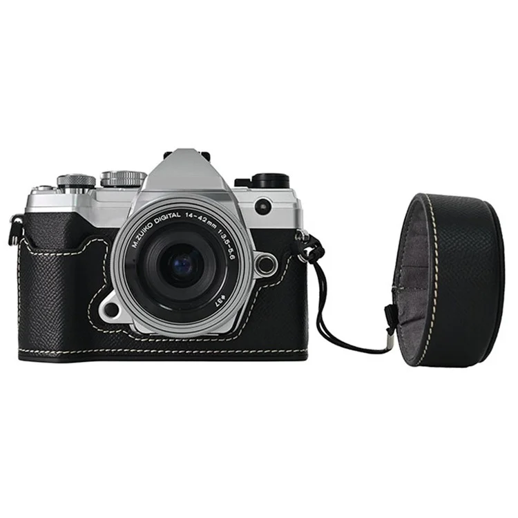 For Olympus OM-5 Leather Camera Case Half Body Cover with Lens Cap and Shoulder Strap - Black