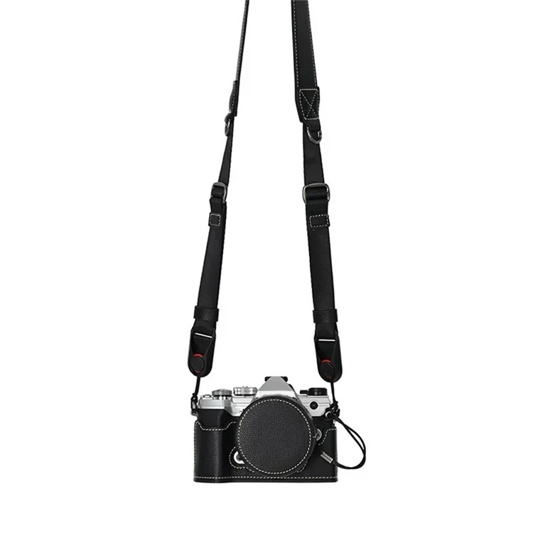 For Olympus OM-5 Leather Camera Case Half Body Cover with Lens Cap and Shoulder Strap - Black