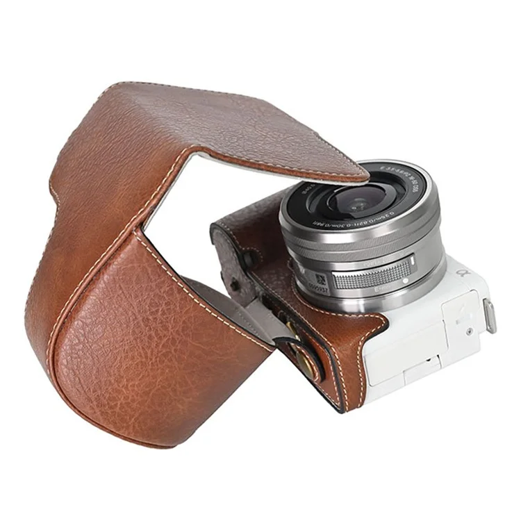 Для камеры Sony Alpha ZV-E10 чехол из кожи с текстурой личи с отверстием для батареи + ремень - Кофе