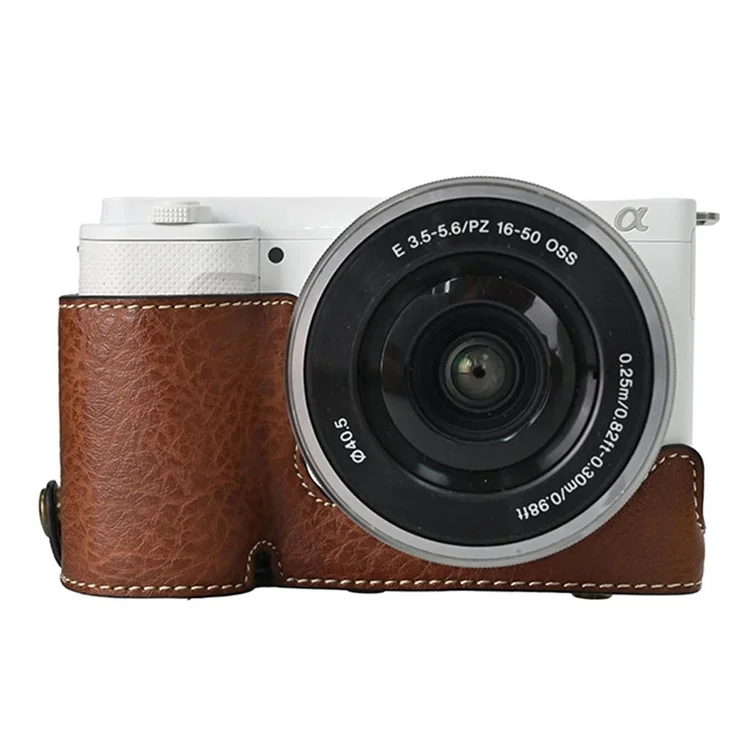Для камеры Sony Alpha ZV-E10 чехол из кожи с текстурой личи с отверстием для батареи + ремень - Кофе