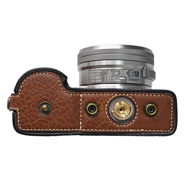 Для камеры Sony Alpha ZV-E10 чехол из кожи с текстурой личи с отверстием для батареи + ремень - Кофе