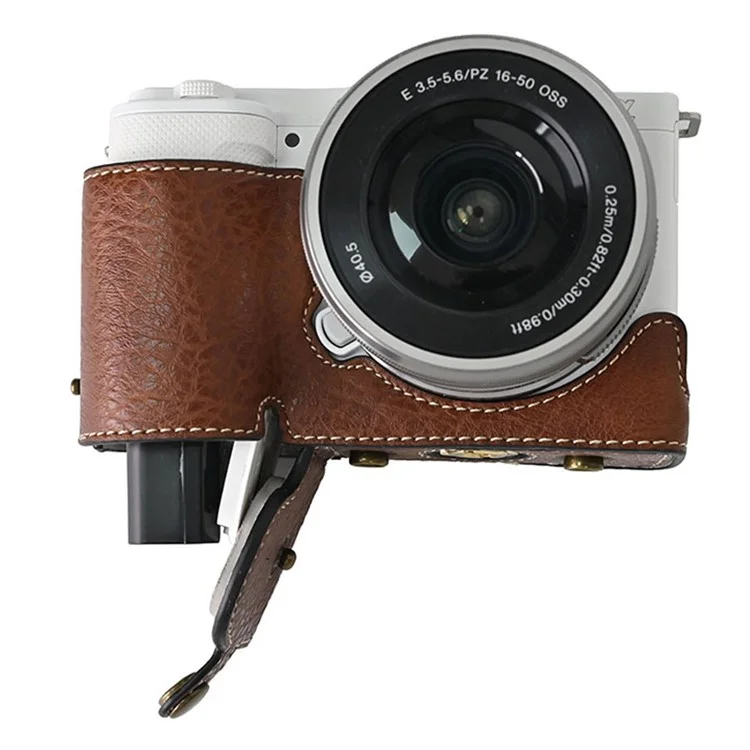 Для камеры Sony Alpha ZV-E10 чехол из кожи с текстурой личи с отверстием для батареи + ремень - Кофе