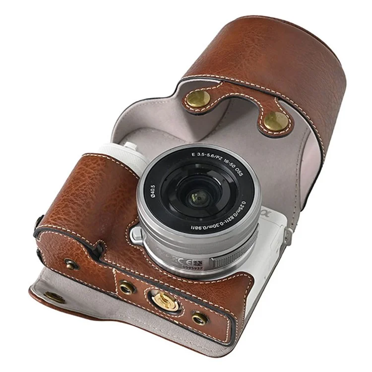 Для камеры Sony Alpha ZV-E10 чехол из кожи с текстурой личи с отверстием для батареи + ремень - Кофе
