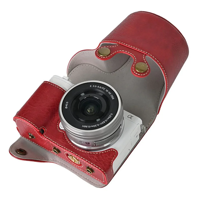 For Sony Alpha ZV-E10 Camera Case Litchi Texture Leather Cover with Battery Hole + Strap - Red