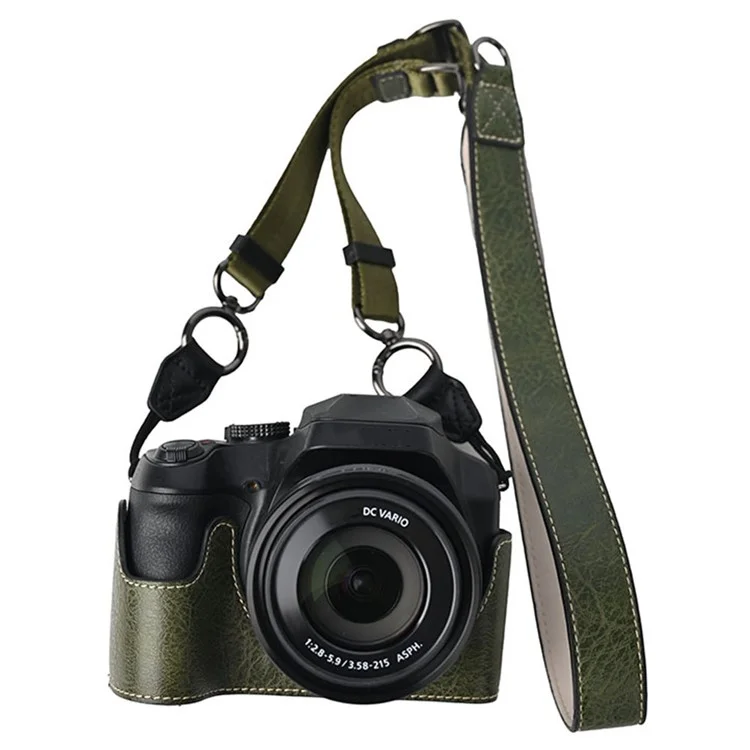 Чехол для камеры Panasonic Lumix FZ80D с плечевым ремнем, большим вырезом, фактурой под кожу лайчи и защитной крышкой - зеленый