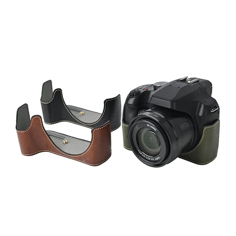 Чехол для камеры Panasonic Lumix FZ80D с плечевым ремнем, большим вырезом, фактурой под кожу лайчи и защитной крышкой - зеленый