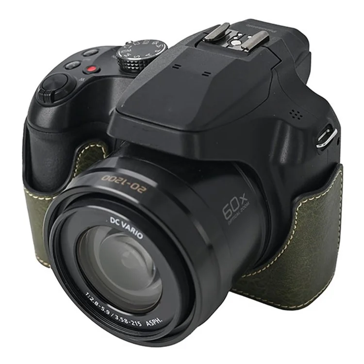 Чехол для камеры Panasonic Lumix FZ80D с плечевым ремнем, большим вырезом, фактурой под кожу лайчи и защитной крышкой - зеленый